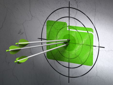 Success finance concept: arrows hitting the center of Green Folder target on wall background