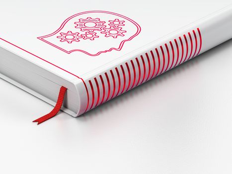 Marketing concept: closed book with Red Head With Gears icon on floor, white background, 3d render