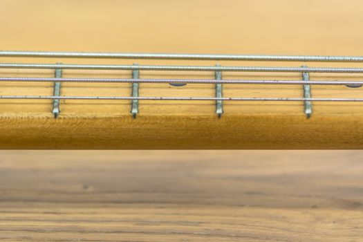 close up of four string electric bass, with string D in focus