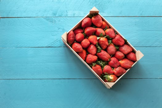 Wild strawberries placed on blue wooden background and illuminated with natural light