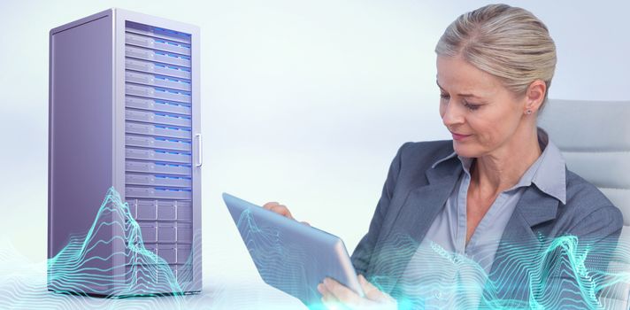 Businesswoman using tablet against abstract blue glowing black background