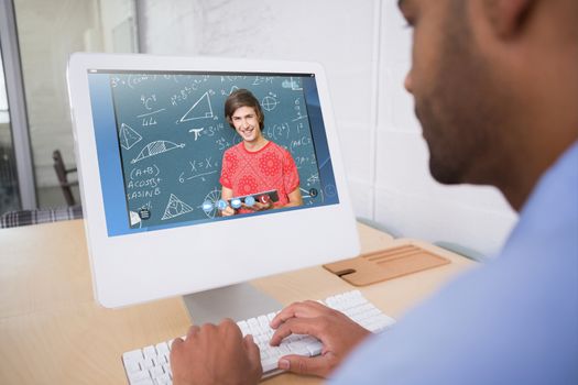 Smiling student with tablet against blue