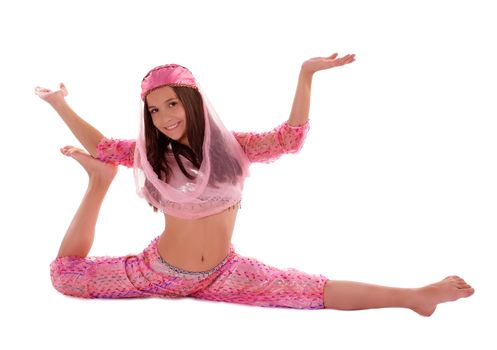 Young Girl Do Unusual Splits in Pink Oriental Costume on white background