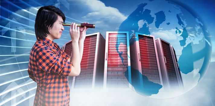 Hipster looking through a telescope against global business graphic in blue