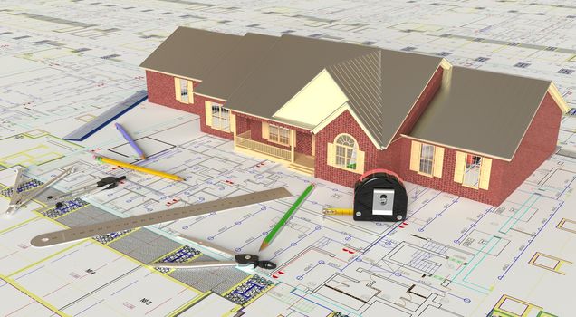 Rendering of the house architectural drawing and layout