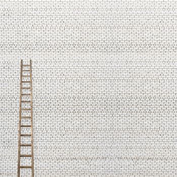 huge white brick wall with a wooden ladder background