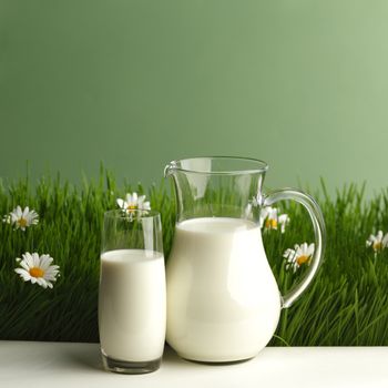 Glass of milk and jar on fresh grass meadow with chamomiles