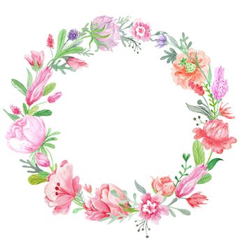 Spring creative round frame with wild red, pink and purple flowers for card design, wedding invitations