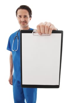 Portrait of young doctor in blue uniform isolated on white background 