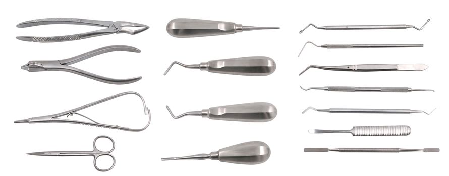 Top view of a complete set of dentist equipment and tools isolated on white background