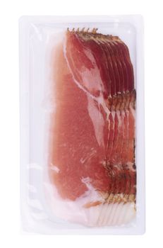Vertical front view of prosciutto slices packed in plastic isolated on white background