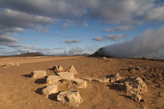 Horizontal view of steam hot springs coming out of the ground in the volcanic valley near Myvatn baths in Iceland