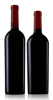 Two red wine bottles with caps and no label isolated on white background