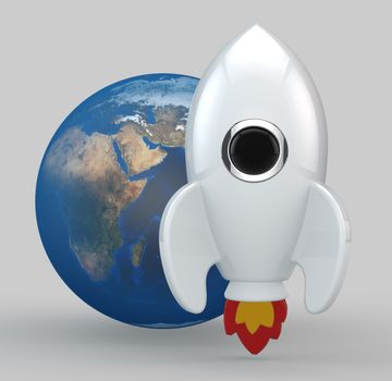 3D render of a symbolic rocket. The rocket is painted in white. Yellow and red flames come out from its thrusters.  In the middle of the rocket there is a chrome, black glass window. At the back of the rocket there is planet earth.