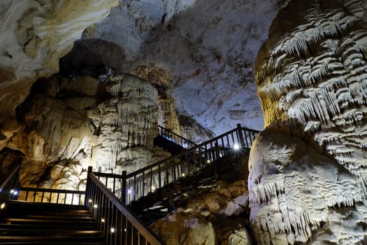 Paradise cave, an amazing, wonderful cavern at Bo Trach, Quang Binh, Vietnam, underground beautiful place for travel, heritage national with impression formation, abstract shape from stalactite