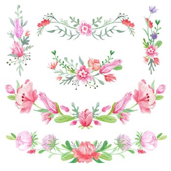 Creative spring watercolor color wreath borders on white background for wedding and invitation design