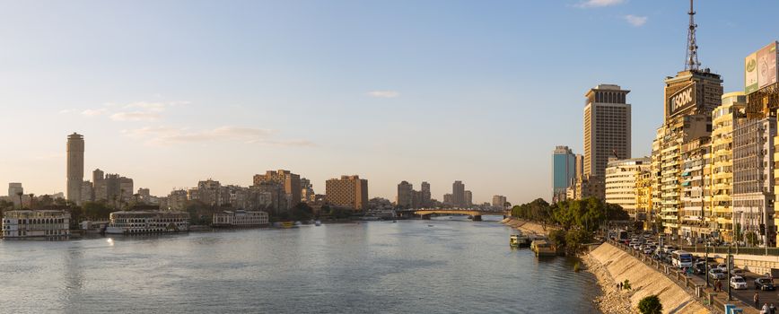 Cairo, Egypt - March 4, 2016: Central Cairo panoramic view, the Corniche Street, the Nile river and the Island of Zamalek.