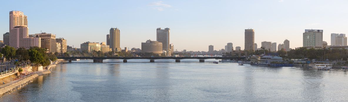 Cairo, Egypt - March 4, 2016: Panoramic view of central Cairo, the Nile river, the Kasr El Nile bridge and the Island of Zamalek.