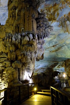 Paradise cave, an amazing, wonderful cavern at Bo Trach, Quang Binh, Vietnam, underground beautiful place for travel, heritage national with impression formation, abstract shape from stalactite