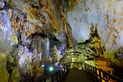 Paradise cave, an amazing, wonderful cavern at Bo Trach, Quang Binh, Vietnam, underground beautiful place for travel, heritage national with impression formation, abstract shape from stalactite