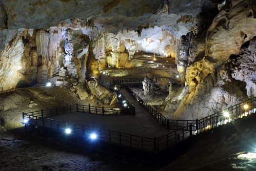 Paradise cave, an amazing, wonderful cavern at Bo Trach, Quang Binh, Vietnam, underground beautiful place for travel, heritage national with impression formation, abstract shape from stalactite