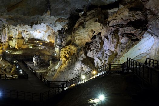 Paradise cave, an amazing, wonderful cavern at Bo Trach, Quang Binh, Vietnam, underground beautiful place for travel, heritage national with impression formation, abstract shape from stalactite