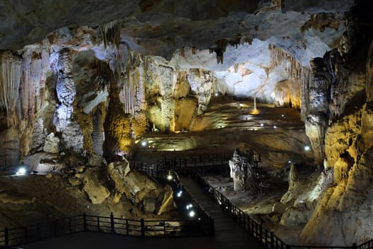 Paradise cave, an amazing, wonderful cavern at Bo Trach, Quang Binh, Vietnam, underground beautiful place for travel, heritage national with impression formation, abstract shape from stalactite