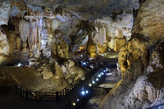 Paradise cave, an amazing, wonderful cavern at Bo Trach, Quang Binh, Vietnam, underground beautiful place for travel, heritage national with impression formation, abstract shape from stalactite