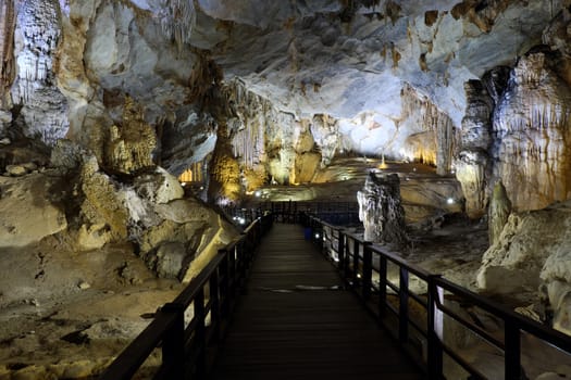 Paradise cave, an amazing, wonderful cavern at Bo Trach, Quang Binh, Vietnam, underground beautiful place for travel, heritage national with impression formation, abstract shape from stalactite