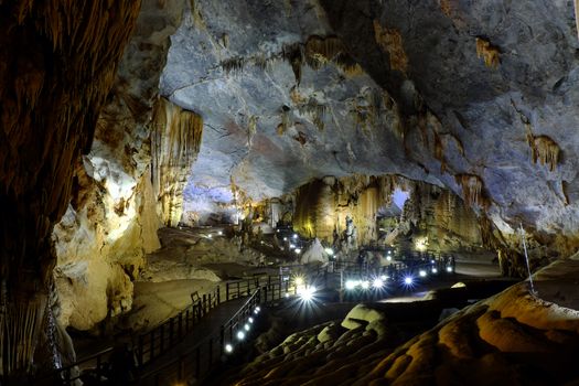 Paradise cave, an amazing, wonderful cavern at Bo Trach, Quang Binh, Vietnam, underground beautiful place for travel, heritage national with impression formation, abstract shape from stalactite