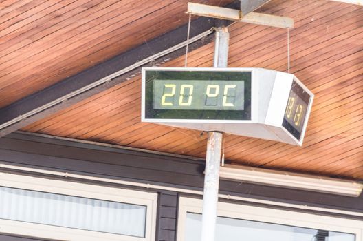 Digital LED outdoor thermometer display, 20 degrees.