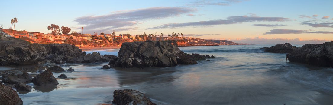 Crescent Bay beach panoramic view of the ocean at sunset in Laguna Beach, California, United States in summer