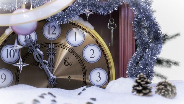 Christmas clock,key and fir branches covered with snow concept background