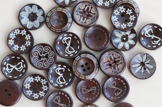 Group of retro buttons. Buttons made of wood.