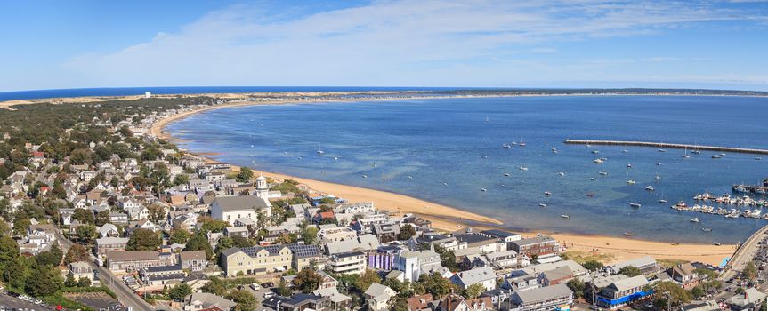 Provincetown, Massachusetts, Cape Cod city view and beach and ocean aerial view from above.