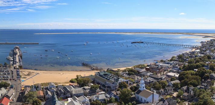 Provincetown, Massachusetts, Cape Cod city view and beach and ocean aerial view from above.