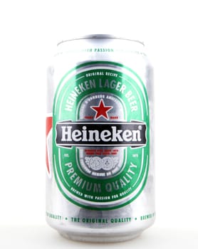 AYTOS, BULGARIA - MARCH 12, 2016: Heineken Lager Beer Isolated On White. Heineken International is a Dutch brewing company, founded in 1864 by Gerard Adriaan Heineken in Amsterdam.