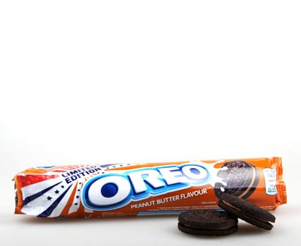 AYTOS, BULGARIA - MARCH 12, 2016: Oreo isolated on white background. Oreo is a sandwich cookie consisting of two chocolate disks with a sweet cream filling in between.