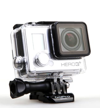 AYTOS, BULGARIA - MARCH 12, 2016: GoPro HERO3+ Black Edition isolated on white background. GoPro is a brand of high-definition personal cameras, often used in extreme action video photography.