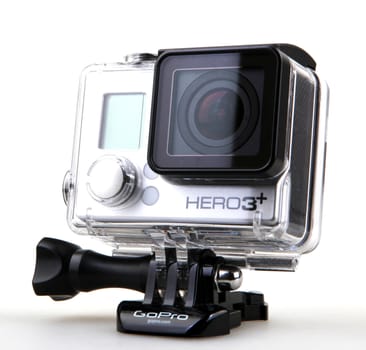 AYTOS, BULGARIA - MARCH 12, 2016: GoPro HERO3+ Black Edition isolated on white background. GoPro is a brand of high-definition personal cameras, often used in extreme action video photography.