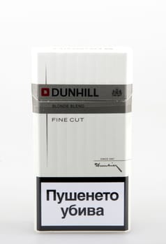 AYTOS, BULGARIA - MARCH 12, 2016: Dunhill Cigarettes Isolated On White. Dunhill cigarettes are a luxury brand of cigarettes made by the British American Tobacco company.