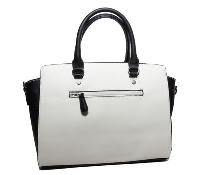 The photograph shows a female handbag on a white background