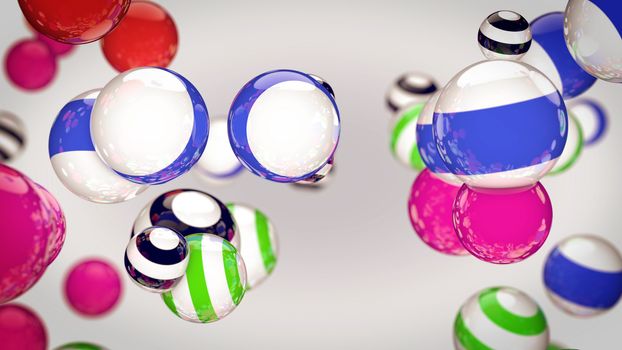 Abstract color striped spheres in air on white background