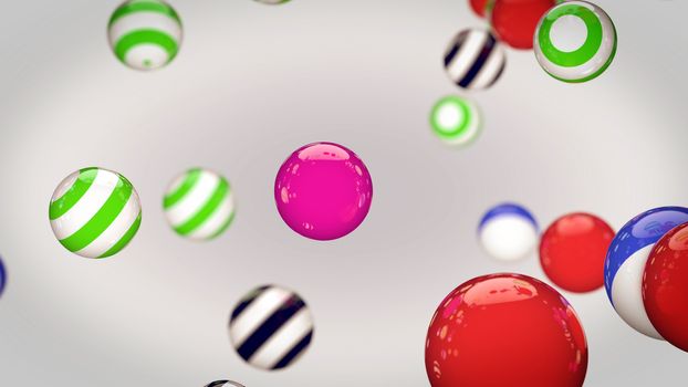 Abstract color striped spheres in air on white background