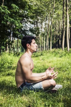 Profile of handsome Shirtless Young Man During Meditation or Doing an Outdoor Yoga Exercise Sitting Cross Legged on Grassy Ground Alone in Woods