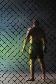 A fighter is standing in smoke inside a cage before fight.