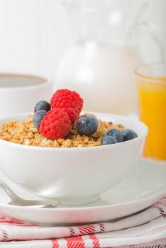 Bowl of granola with fresh raspberries and blueberries.