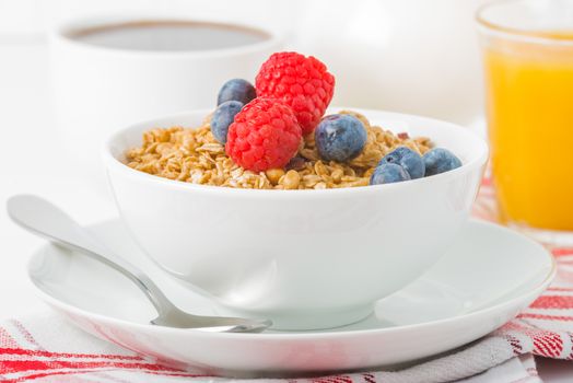 Bowl of granola with fresh raspberries and blueberries.