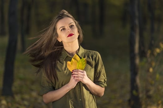 Positive autumn look. A dreamy looking teenage girl is looking up in an autumn forest while holding yellow leaves in her hands. Her hair is floating on the wind.
