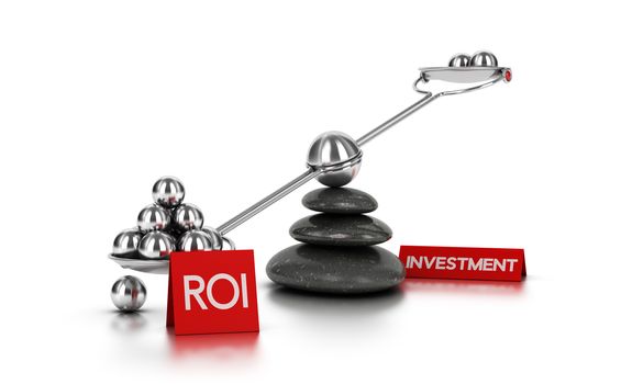 Metal spheres on a seesaw with three black pebbles over white background. Finance concept image for illustration of ROI or investment.
